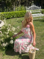 Mesh Floral Ruffled Bobycon Cami Maxi Dress