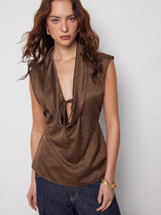 Satin Cowl Neck Tie-Front Sleeveless Blouse