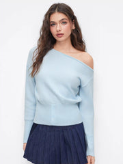 Knit Asymmetrical Neck Button Long Sleeve Top