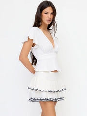 Linen-blend V-neck Ruffle Sleeve Tie Back Blouse