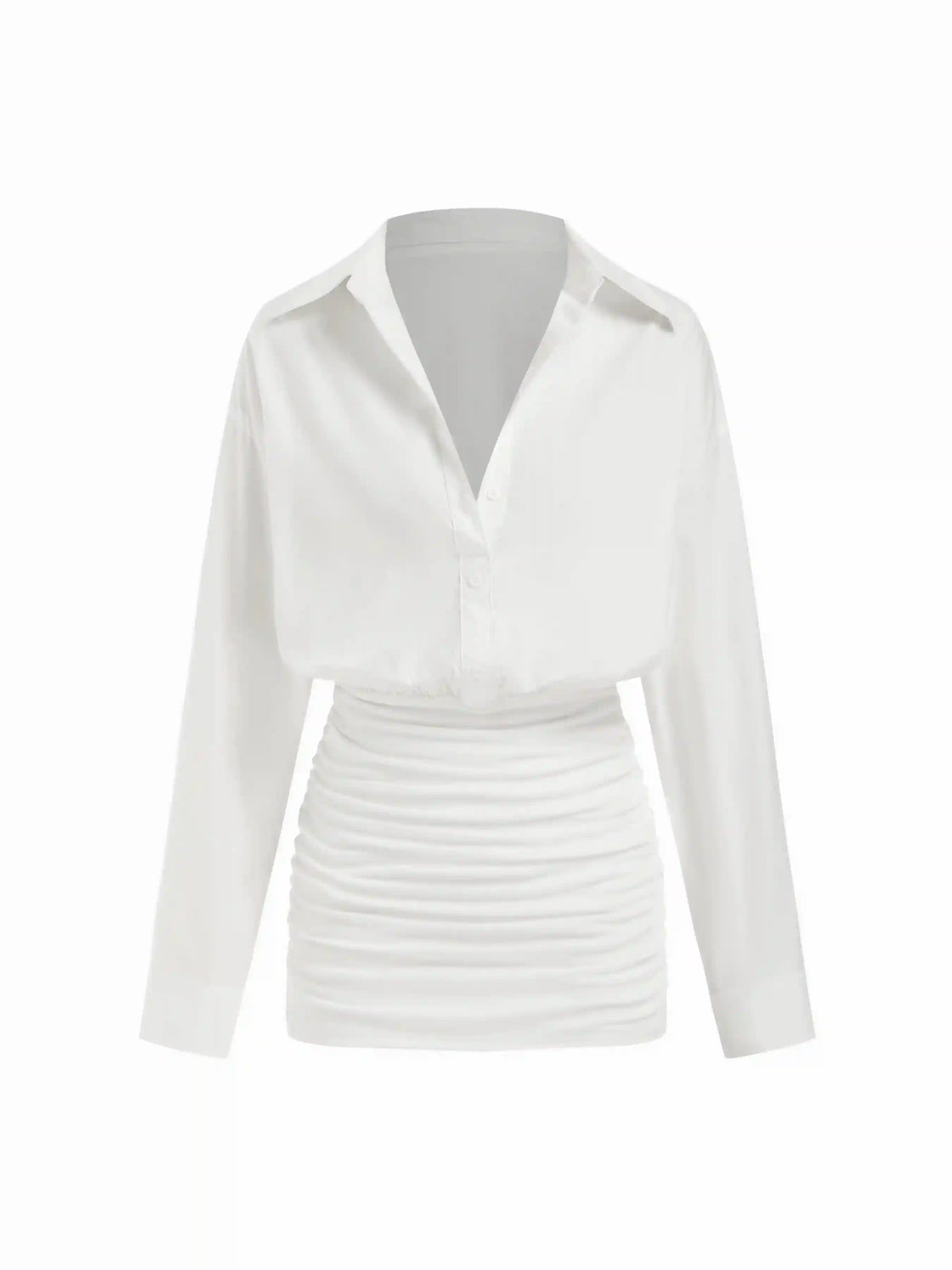 Cotton-blend Collar Ruched Long Sleeve Mini Dress