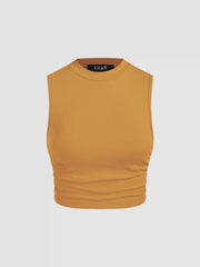Round Neckline Solid Sleeveless Ruched Crop Top