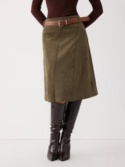 Suede Mid Rise A-line Midi Skirt With Belted