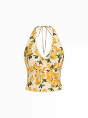 Cotton-blend Lemon Graphic Halter Neckline Backless Crop Cami Blouse