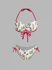 Halter Floral Bowknot Drawstring Bracelet Cheeky Bikini Swimsuit