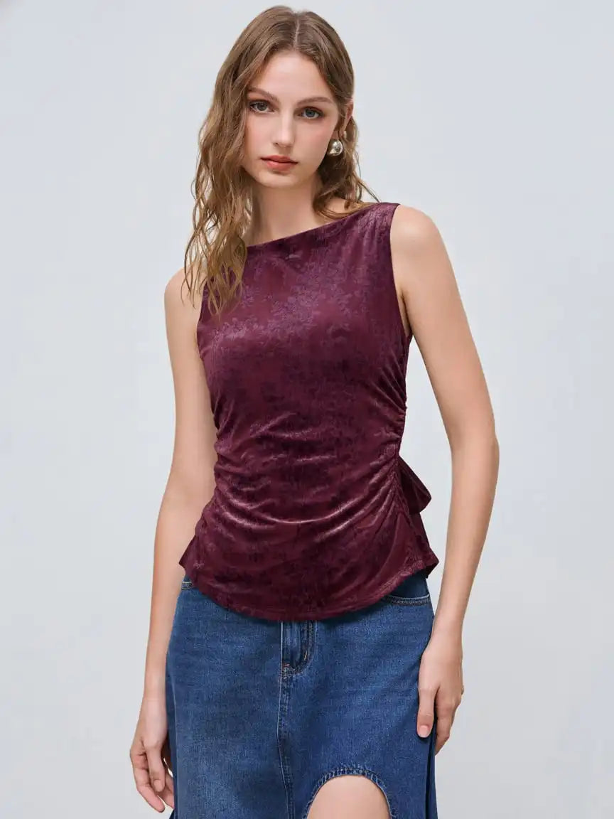 Boat Neck Floral Knotted Ruched Crop Tank Top