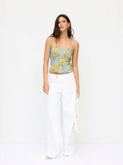 Linen-blend Lemon Graphic Sweetheart Scalloped Trim Cami Top