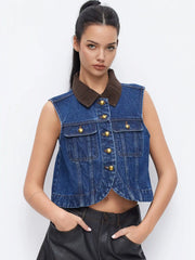Denim Collar Colorblock Metal Button Top