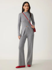 Rib Knit Mock Neck Split Long Sleeve Top