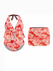 Floral Halter Neck Peplum Top & Mid Rise Shorts Bikini Set With Ruched Cover Up Skirt Curve & Plus