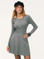 Cable Knit Round Neck A-Line Mini Dress