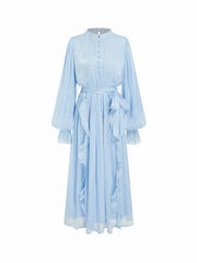 Stand Collar Lantern Sleeve Ruffled Belted Flared Maxi Dress