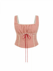 Gingham Square Neck Ruched Corset Tank Top Curve & Plus