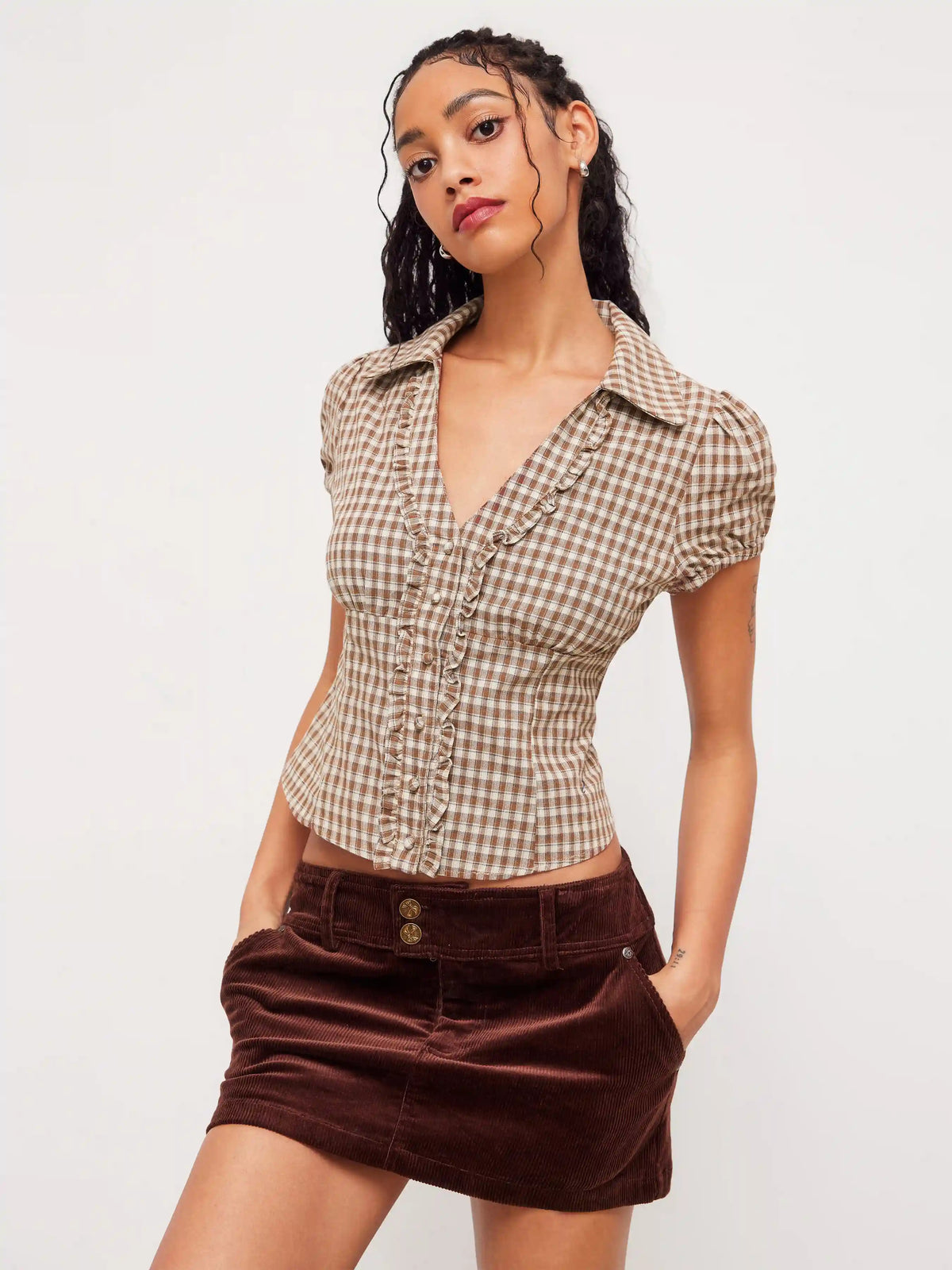 Cotton V-neck Check Button Short Sleeve Gingham Blouse