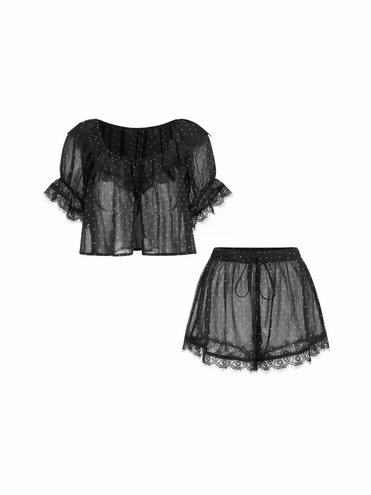 Chiffon Polka Dot  Lace Trim Ruffled Crop Top & Shorts Loungewear Set
