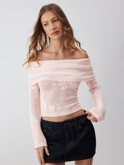 Knit Off-shoulder Floral Lettuce Trim Top