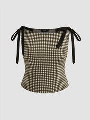 Cotton-blend Boat Neck Gingham Bowknot Tank Top Curve & Plus