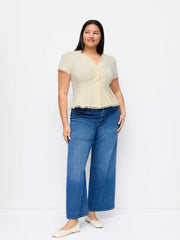 Cotton-blend V-neck Pleated Ruffle Hem Blouse Curve & Plus