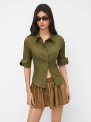 Cotton-blend Collar Mid-length Sleeve Roll Up Shirt