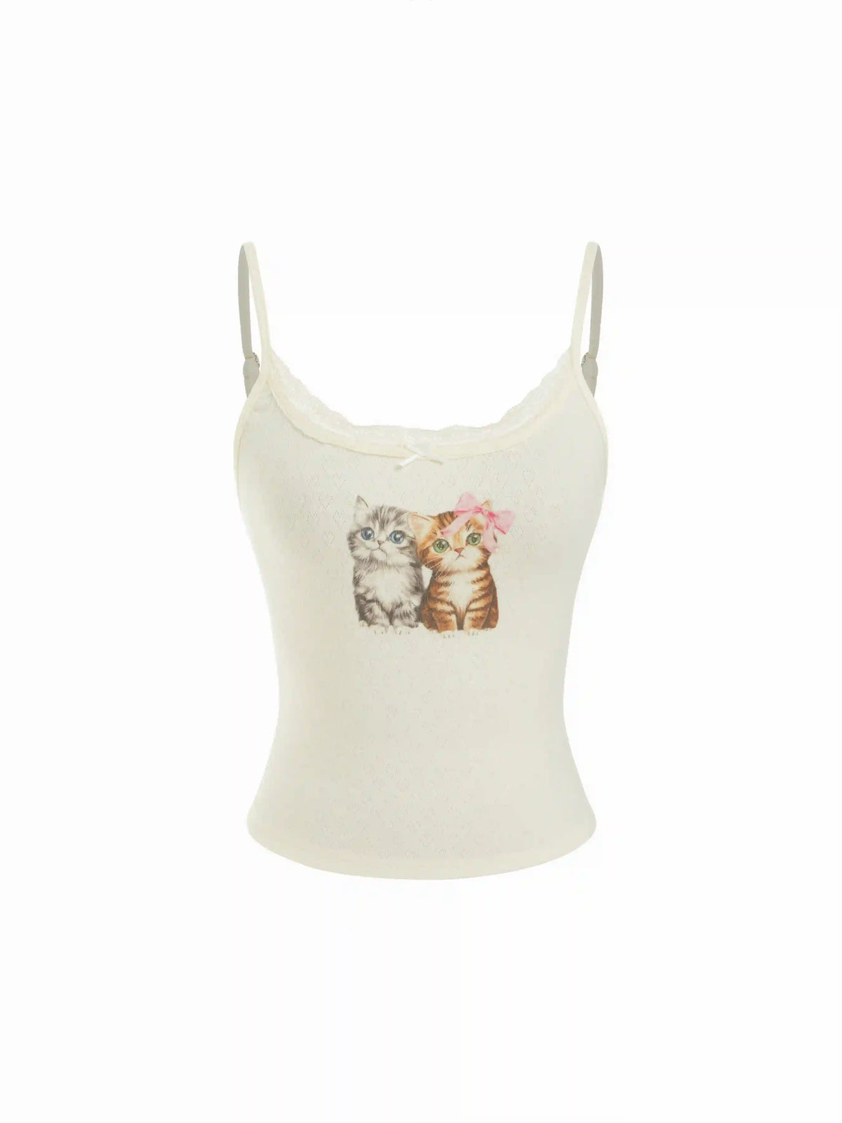 Pointelle Cat Graphic U-neckline Lace Trim Bowknot Cami Top