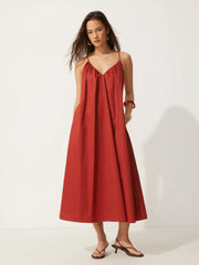 Cotton V-neck Tie Front Flared Maxi Dress