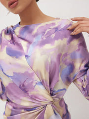Satin Round Neckline Illusion Print Twist Maxi Dress