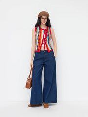 Knit Crochet Asymmetrical Neck Stripe Colorblock Tie Front Vest