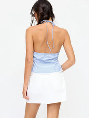 Cotton-blend Striped Halter Neckline Twist Knotted Lace Trim Bowknot Cami Blouse