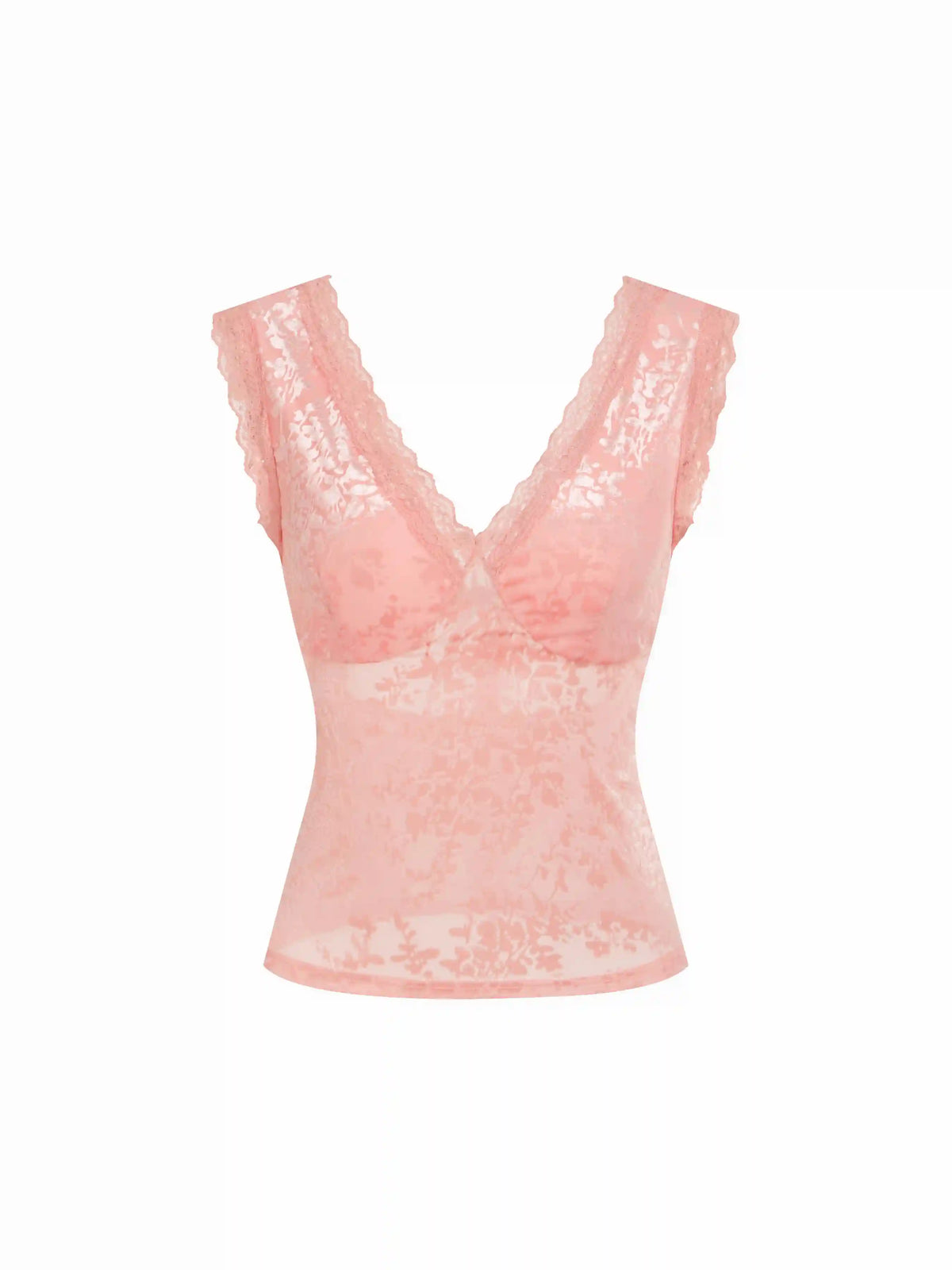 Flocked Floral Lace Panel V-neck Sleeveless Top