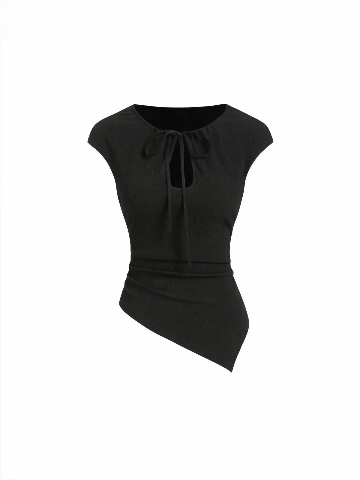 Textured Cut Out Drawstring Ruched Asymmetrical Hem Short Sleeve Top