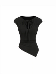 Textured Cut Out Drawstring Ruched Asymmetrical Hem Short Sleeve Top
