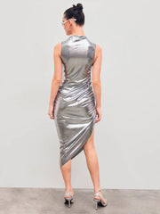 Vestido Midi Metálico com Gola Alta