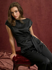 Satin Boat Neck Draped Top & Mid Rise Elastic Waist Wide Leg Trousers Set