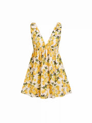 Cotton-blend Lemon Graphic V-neck Bowknot Babydoll Mini Dress