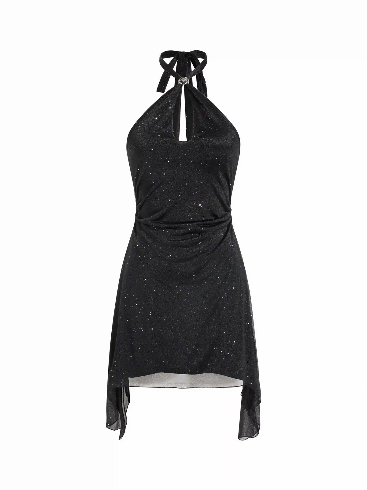 Textured Halter Neckline Cut Out Metal Detail A-line Mini Dress