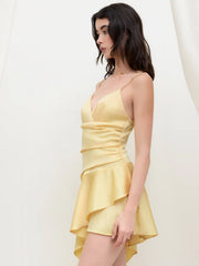 Satin V-neck Ruffle Hem Asymmetrical Mini Dress