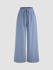 Cotton-blend Square Neck Bowknot Top & High Rise Striped Knotted Wide Leg Trousers Set