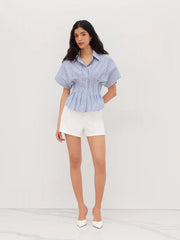 Cotton-blend Collar Stripe Pleated Cinched Waist Shirt