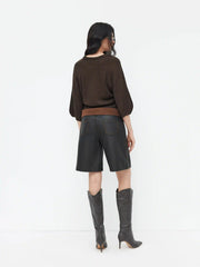 Knit Round Neck Lantern Sleeve Oversized Top