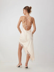 Satin V-neck Lace Backless Asymmetrical Hem Maxi Dress