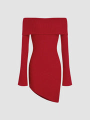 Rib Off-shoulder Asymmetrical Bell Sleeve Mini Dress