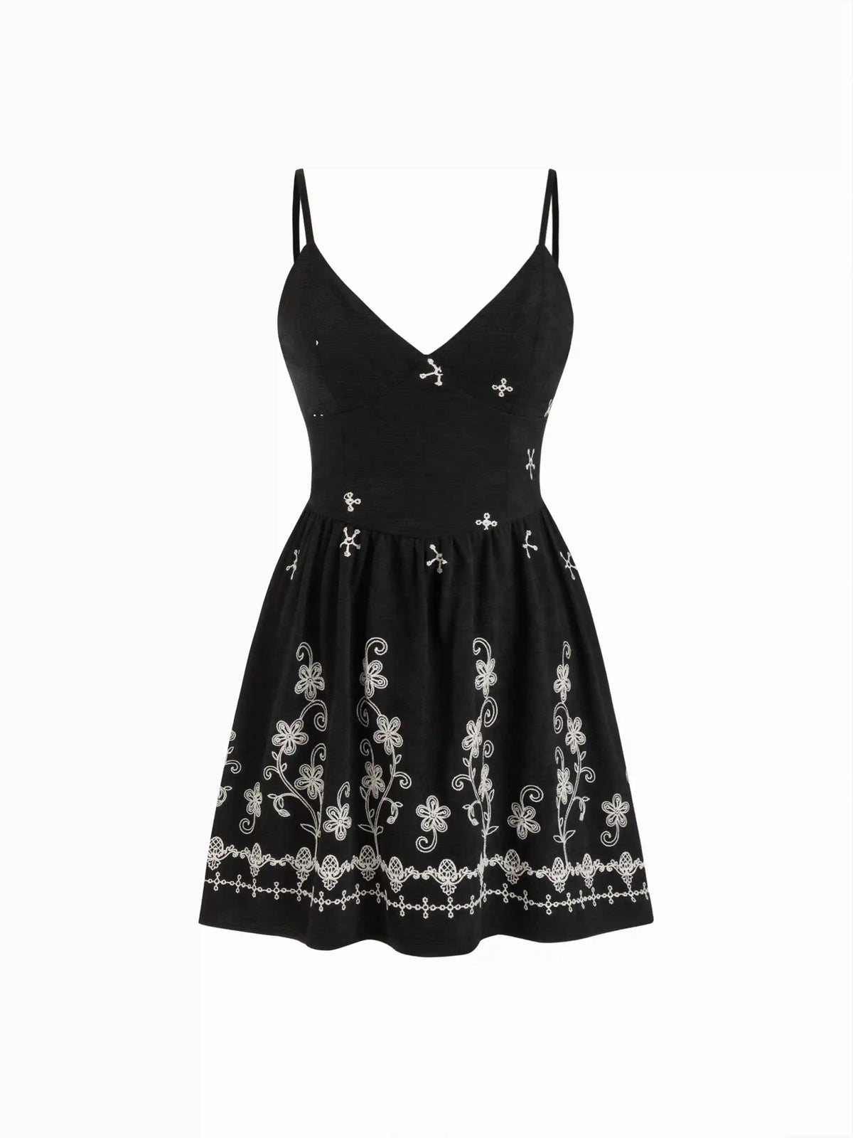 Jersey V-neck Floral Embroidery Flared Cami Mini Dress