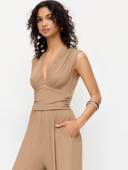 V-neck Lace Trim Ruched Wide Leg Jumpsuit