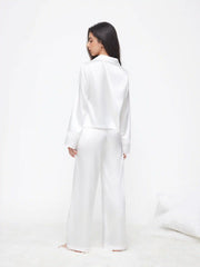 Satin Collar Lace Oversized Top & Mid Rise Straight Leg Trousers Loungewear Set