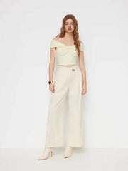 High Rise Metal Button Pleated Wide Leg Trousers