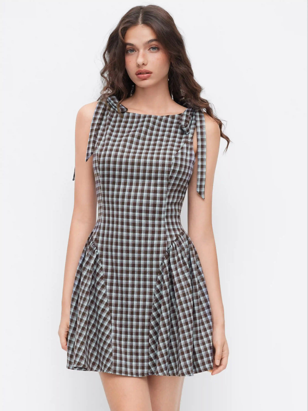 Jacquard Checks Bowknot Ruffle Hem Mini Dress