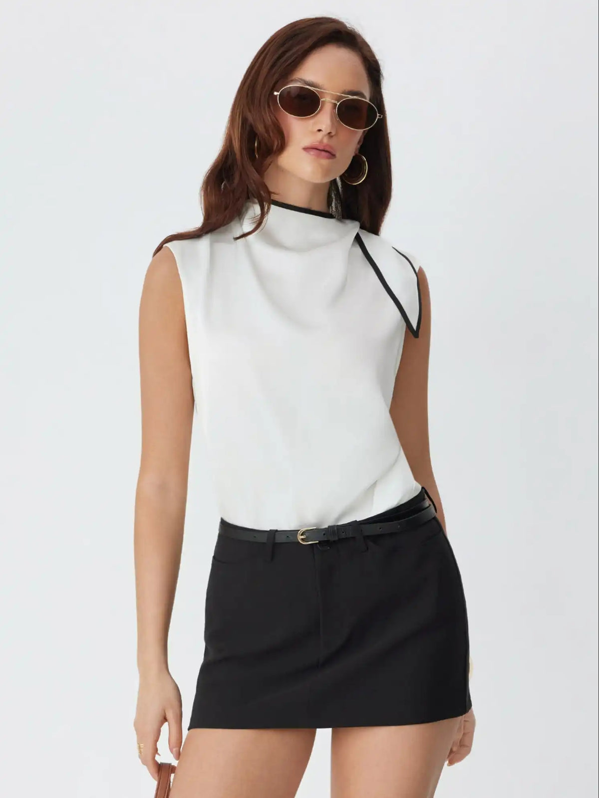 Satin High Neck Contrast Trim Sleeveless Blouse