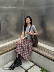Mid Rise Tartan Lettuce Trim Knotted Midi Skirt
