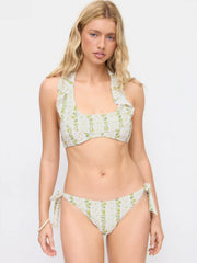 Halter Neckline Lemon Stripe Graphic Ruffle Halter Low Rise Bikini Set