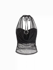 Textured Mesh Cowl Neck Metal Detail Ruched Top